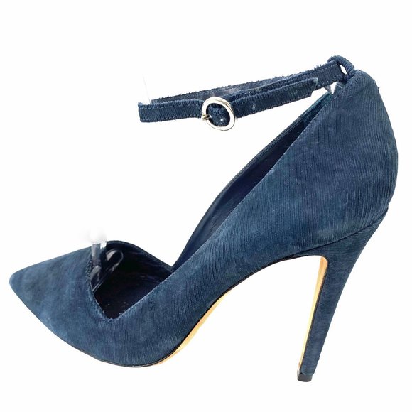 ALICE + OLIVIA Makayla Navy Blue Kid Suede Ankle Strap Stilettos - Picture 4 of 11